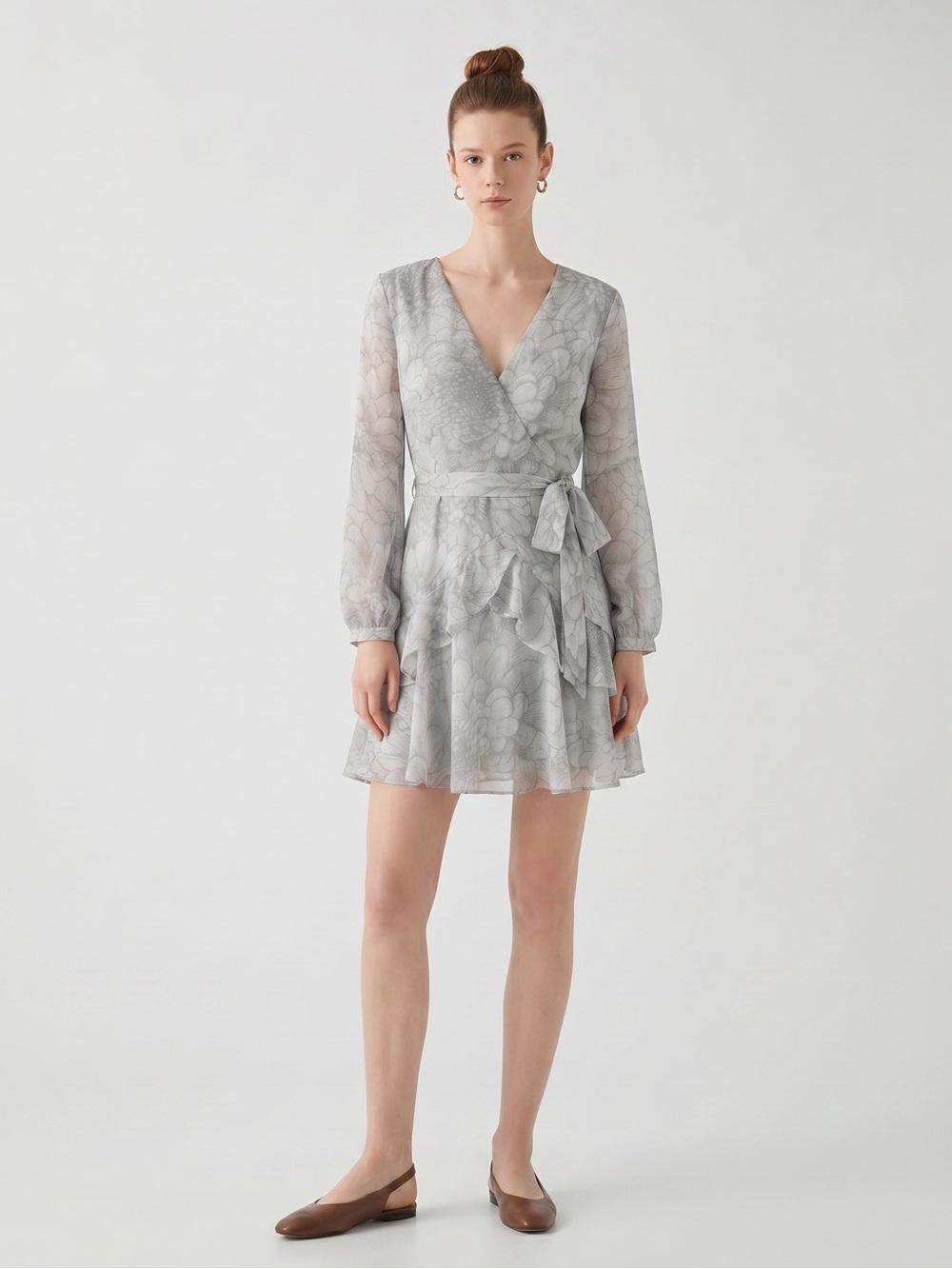 N.L.W Light Gray Floral Faux Wrap Mini Dress Long Sleeves. Cottagecore size M